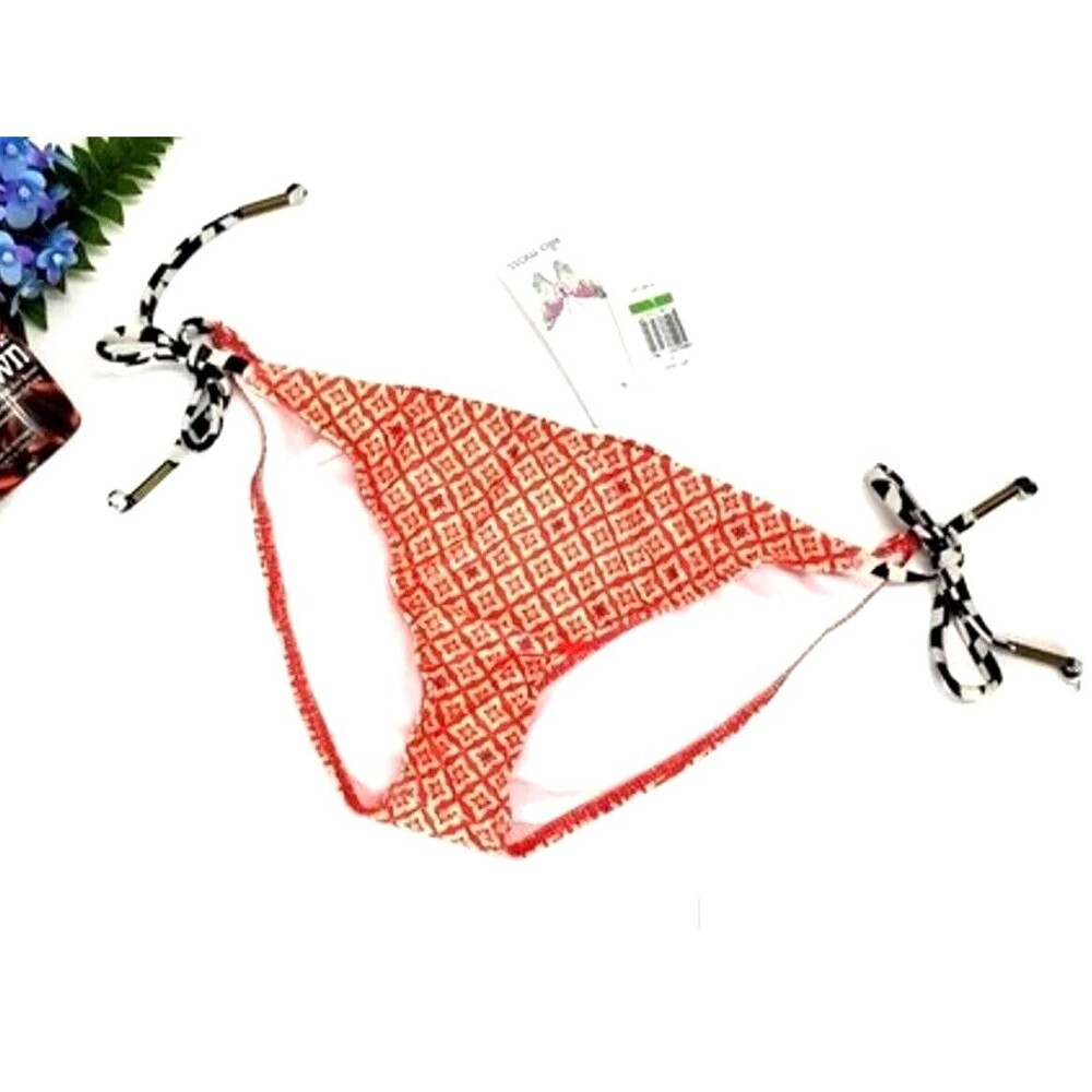 Ella Moss Bikini Bottom - Side Tie Hipster Swim Bottoms, Tile Pattern - Coral, L
